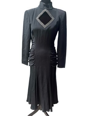 MIGNON by Dorothy Farbo Vintage Black Goth Maxi Dress Rhinestone Cutout USA